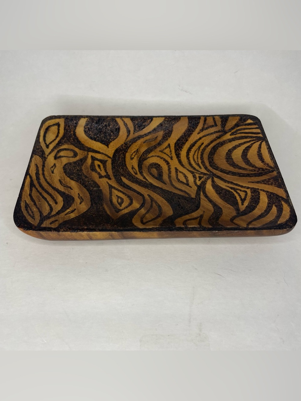 Hand-Burn Wooden Tray Pyrography Abstract Swirl Organic Rustic Tahoe Decor 7x4.5